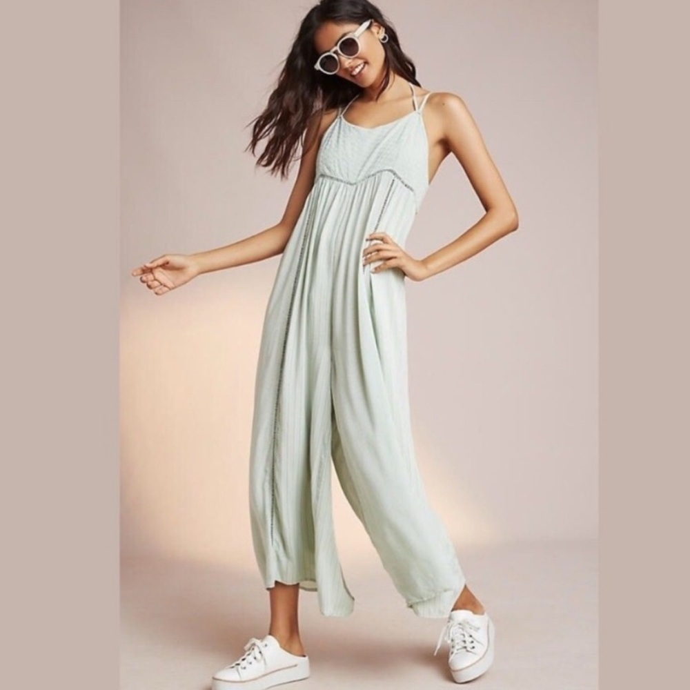 ANTHROPOLOGIE Lilka Womens Mint Green Halsey Embroidered Wide Leg Jumpsuit Large